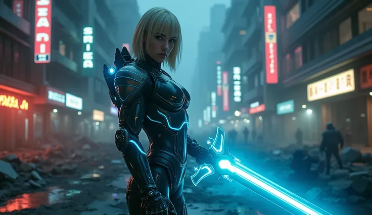 In a hyperrealistic, cinematic cyberpunk dystopia at night, a blonde female cyborg warrior stands tall amidst the ruins of a devastated city. Her piercing blue eyes, glowing with fierce determination, cut through the darkness, as if daring the world to cha...