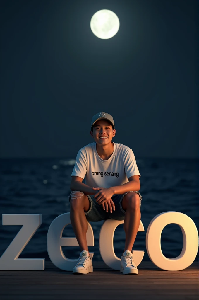 Korean man wearing a baseball cap, t-shirt that says ORANG SENANG, ripped jeans shorts, sneakers sitting on 3D text that says ZECO, while smiling and looking at the camera. Let the faint light reflect from below on a clean pitch black background against th...