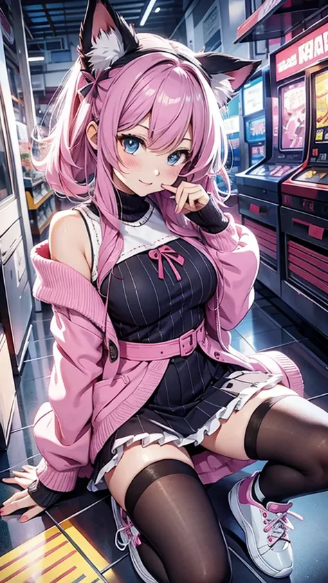 Extremely pink face and white short off-the-shoulder hair ,A dignified and wonderful girl, At the arcade,  anime girl wearing a green pink sweater and cat ears on her head,  anime picture by Yuya ,  pixib,  Furry Art , anime  girl with cat ears ,  girl wit...