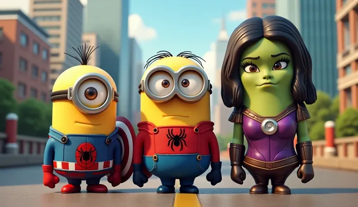 minions spiderman, minion captian america, minion she hulk with suitable background