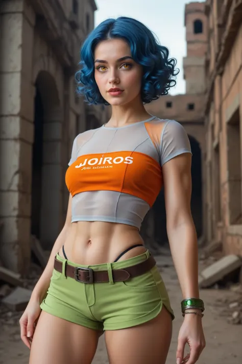 (date:20241204, (((By:Joulios)))) Bright shot: 1.3), epic realistic, yellow eyes, girl raider, (one girl), light gray non-transparent short sleeve top, transparent fabric at the waist, wavy hair 1.4, (dark blue hair), short hair, dark blue and orange color...