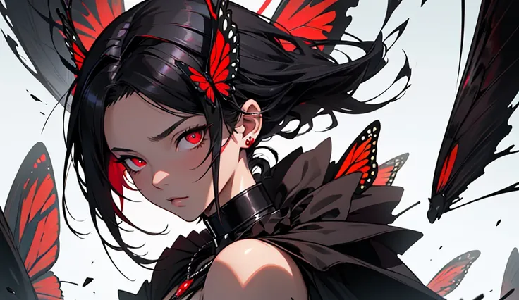 Expressionless,,(Dark Fantasy),((Wonderful Illustration)),(Detail Splash), long black hair, red pupils, girl, pure black dress, only the collar, cuffs and skirt are dark red, ears Pinned to the side is a red butterfly barrette, masterpiece, best quality, h...