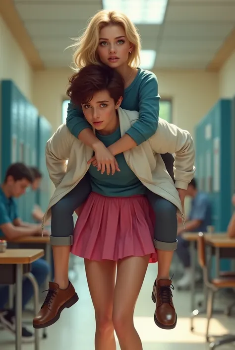 (photorealism:1.2) beautiful blonde, made up, girl bully with white jacket and pink skirt giving a piggyback ride to a thin teenage boy with Blue shirt and maroon hair in a school.
Girl on the bottom of the image
Boy on the top of the image 
