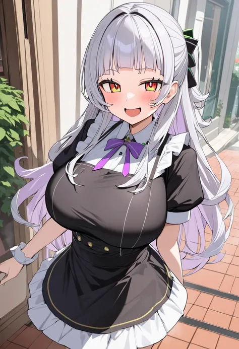 ( top quality, 8k, masterpiece),  girl , young , Idol , 1 person ,  murasaki shion,  hololive , Silver Hair  , Big Breasts ,smile ,  like heaven ,  red cheeks  , Tanimachis emphasis  , A rich variety of skin tones  , (  waitress costume  :1.2) , ( huge bre...