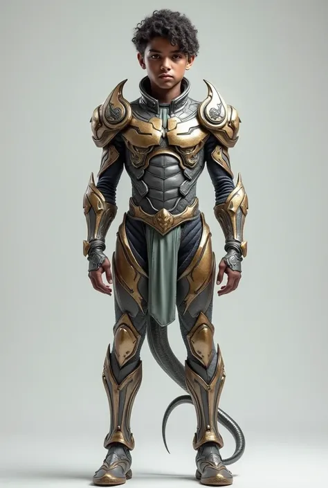 Realistic man,  of a young superhero, armored serpent ,  from science fiction ,  based on the conceptual Hindu mythology , standing, light gray background of the image  