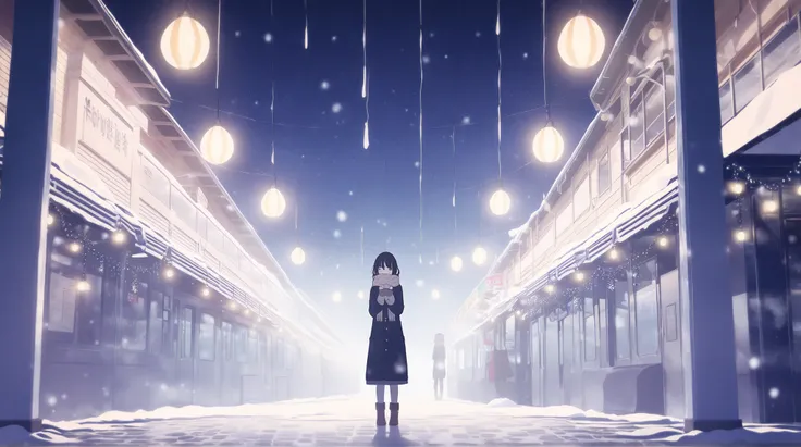 An anime-style illustration of a young woman standing alone at a train station on a snowy Christmas night. She has shoulder-length dark hair and is wearing a warm coat, a knitted scarf, and mittens, yet she looks visibly cold as she shivers and clutches he...