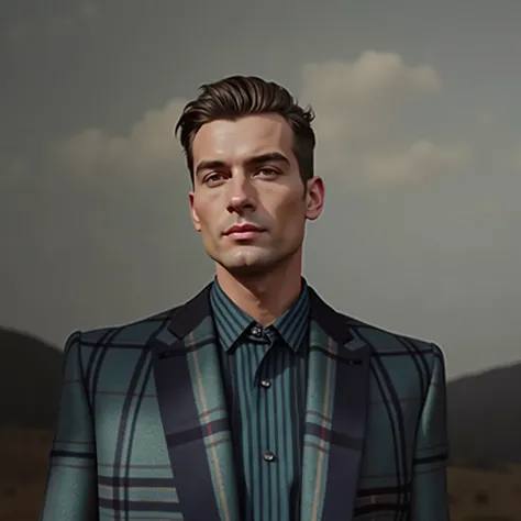 plaid, suit, male, style, stylish, beautiful man, beautiful eyes, handsome, far view, Ray tracing color 