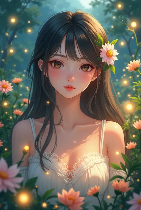 
Anime image of a beautiful girl, surrounded by fireflies and flowers
