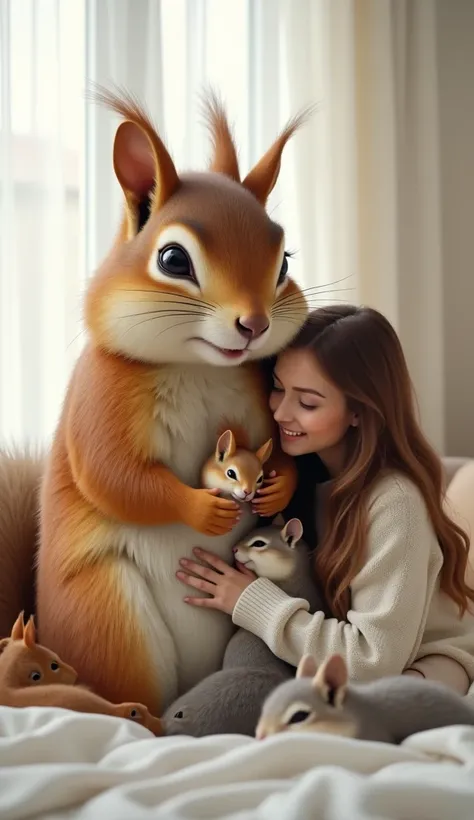 Create a highly detailed and realistic image of a warm and cozy indoor scene featuring a giant chipmunk, about the size of an adult human. The giant chipmunk is calm and majestic, surrounded by many fluffy, smaller squirrels of different colors (including ...