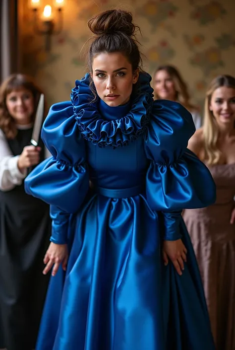 (realistic photograph sideways close up, seen from below), (a happy willingly bend over beautiful Caucasian lady with (messy hair bun) and wearing (big shiny cobalt glamorous silk dress with (long gigantic puff sleeves), (and with an ultra high tight stand...