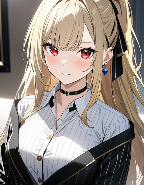  high school girl, masterpiece:1.5, masterpiece, highest quality, Kitagawa Marin, 1girl, blonde hair, long hair, multicolored hair, red eyes, jewelry, earrings, piercing, black choker, UHD, retina, masterpiece, accurate, anatomically correct, textured skin...