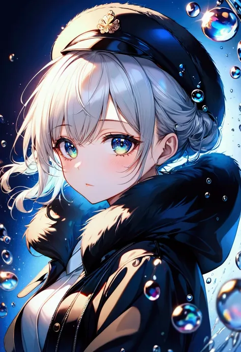 cool beauty, white shiny silky messy half updo, amorous and lewd expression, captivating eyes, superlative body proportion, wearing black faux fur shuba, black faux fur ushanka, background iridescent sparkling water droplets reflecting the light, bold and ...