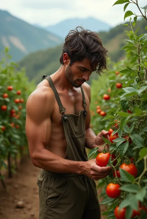 Sexy young farmer harvesting tomatoes in the Peruvian highlands
