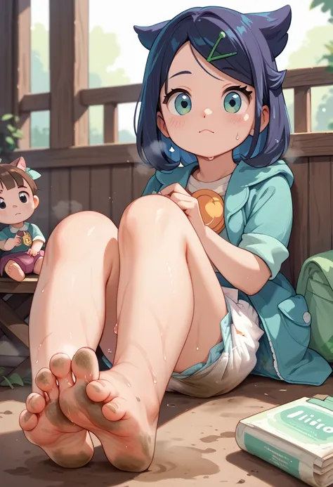 masterpiece, best quality, highres, liko as a toddler, girl sitting, wet diaper, very cute, adorable, curious, barefoot sole, foot focus, dirt, smelly, stinky, steamy, sweaty