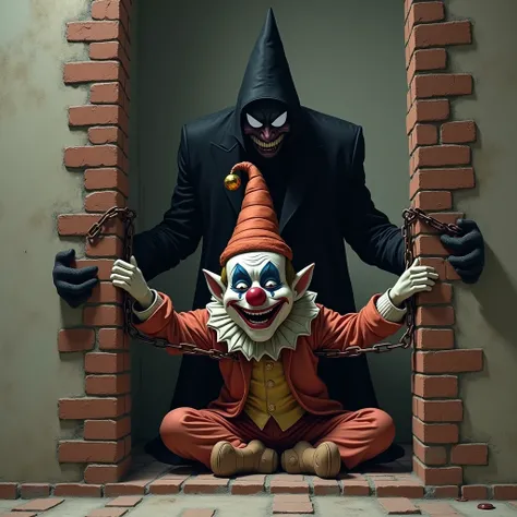 It generates a buffoon  ( clown wearing a hat ) chained to a wall and being enclosed by a man in a black suit who places brick after brick to enclose him