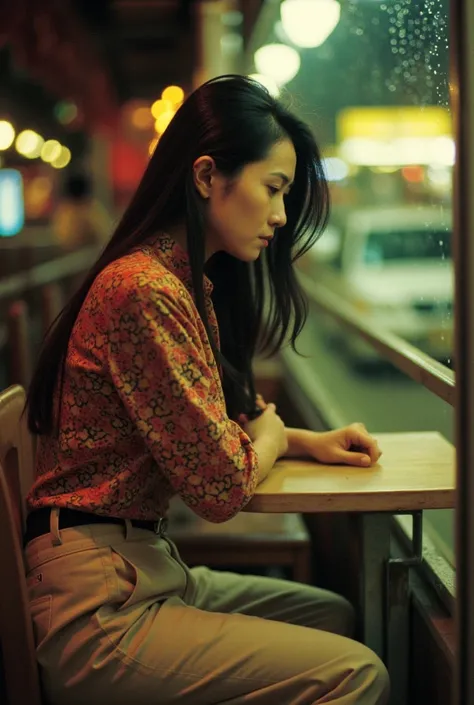 Professional photography, Wong Kar Wai movie lighting style, a charming sorrow Oriental beauty wearing vintage blouse and vintage khaki pants, she has messy long straight hair, she looking down, sitting lean back in corner of restaurant, window with raindr...