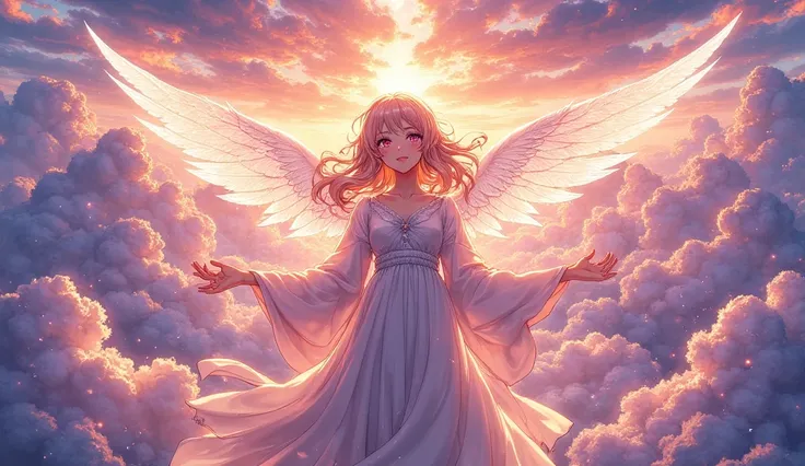 ((masterpiece)), ((best quality)), ((ultra-detailed)), 1girl, solo, beautiful detailed sky, (glowing ethereal wings:1.3), floating, arms spread, flowing hair, dynamic pose, looking up with hope, wind effects, detailed flowing clothes, above clouds, (sunset...