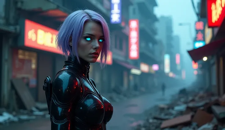 In a hyperrealistic, cinematic cyberpunk dystopia at night, a female cyborg warrior with pale blue eyes and striking lavender hair stands amid the ruins of an abandoned city. Her dark, reflective armor glistens in the dim light, its surface sleek and polis...