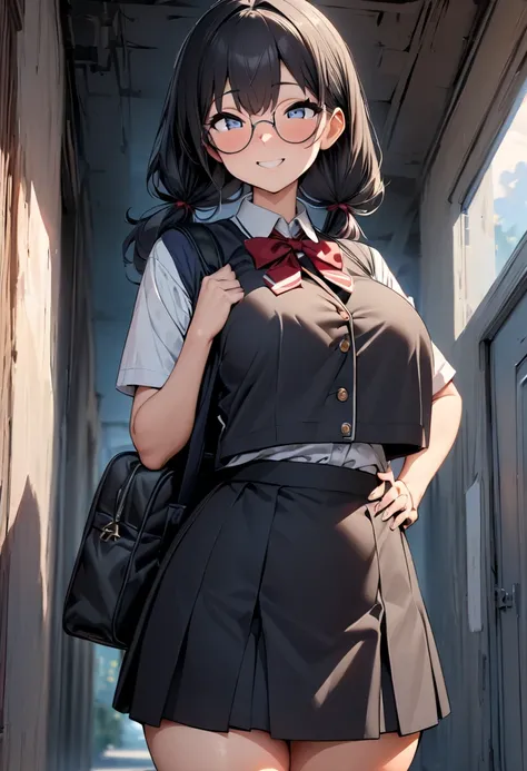 (  Masterpiece  ,   top quality:1.2), 1 girl, Alone,  expressive eyes, Walk with a student bag on your shoulder,  Female College Student, Straight twin-tail with black hair, Round Glasses, Big tits uniform, smile, (from beside), (cowboy shot)