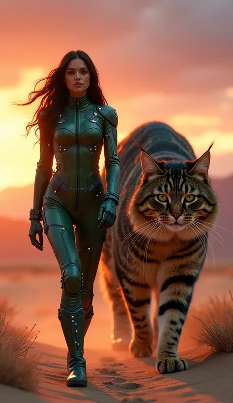 a beautiful woman with long hair,  wearing a loreng green futuristic army uniform with metallic accents ,  walks facing the camera full of confidence over a desert illuminated by dramatic twilight light. On her side , a giant large obese fat persian cat wi...