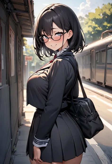 (  Masterpiece  ,   top quality:1.2), 1 girl, Alone,  expressive eyes, Glasses, Walk with a student bag on your shoulder,  Female College Student,  Short Black Hair , Big tits uniform, smile, from beside, cowboy shot, Droopy eyes