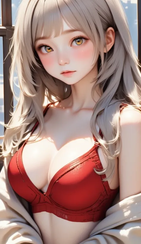    solo focus、 semi-realistic 、 Masterpiece 、perfection、4K、 1 female、 mature body、 pure white skin、 sparkling golden eyes  、 Straight Hairstyles 、 long silver hair  、bangs、 detailed hair、Bare Skin、clavicle、 Ultra Sharp 、8k、 top quality、red bodysuit lingeri...