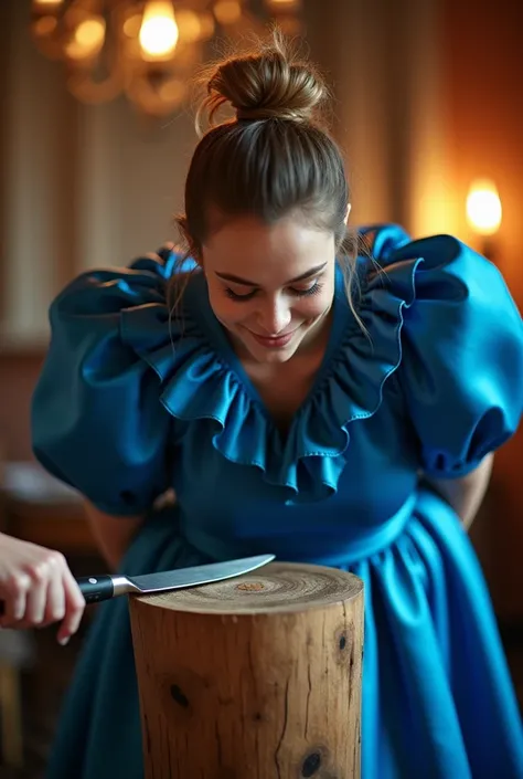 (realistic photograph sideways close up, seen from below), (a happy willingly bend over beautiful Caucasian lady with (messy hair bun) and wearing (big shiny cobalt glamorous silk dress with (long gigantic puff sleeves), (and with an ultra high tight stand...