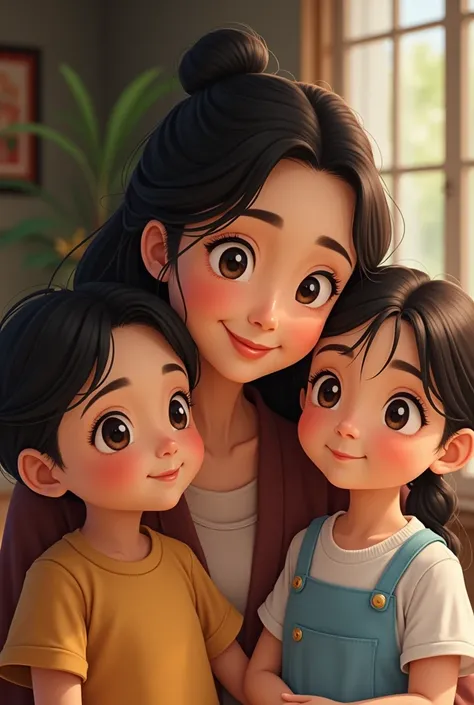 A brown mommy with blue eyes ,  with a big sister with brown eyes and a younger brother with brown eyes from Asia 