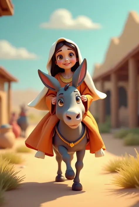 3D cartoon, Virgin Mary riding a donkey, looking to the viewer
