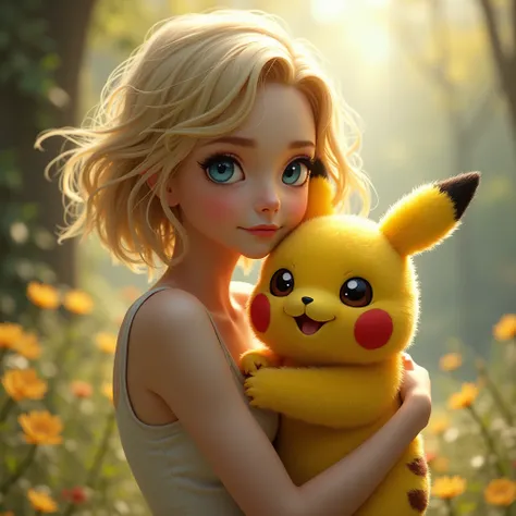 Beautiful short blonde woman holding a realistic shiny bear Pika Pika 