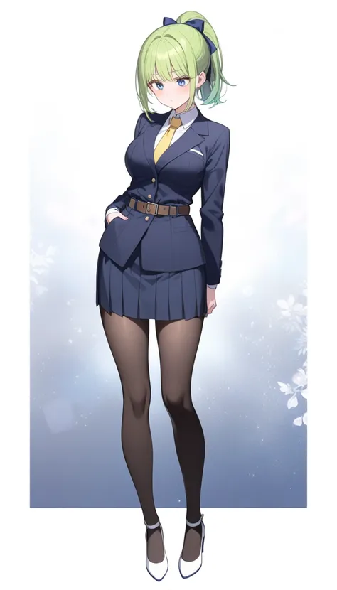 Misuke Iijima、。OL,woman、 green hair、 shorthair、 ponytail、yellow hair ribbon、 sad face、 full body style that reflects your whole body、 normal breasts、 narrow waist 、Bare legs、Standing beautifully、 in a suit、 navy blue jacket ,襟付き shirt, shirt, yellow tie ,b...