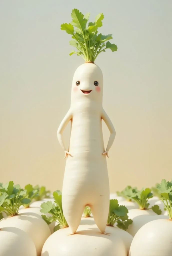 (Daikon Farmhouse :Eyes and mouth:limbs:white:Leaf Hair ), A human-like daikon character with a long white body and green leafy hair, overalls .   The daikon planted 、 daikon is harvested with daikon characters planted。 in a daikon field illuminated by the...