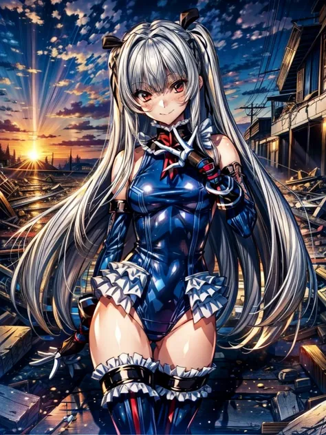   Perfect Anatomy ,  top quality, Marie Rose, Evil Smiles ,Provocative attitude
,(The girls greet the dawn on a pile of rubble:1.1), Evil Smiles , anime style,(Frilled swimsuit,  knee-high, Sleeveless), ( anime style:1.4) ,
 Silver Hair,(White Fingers:1.1,...