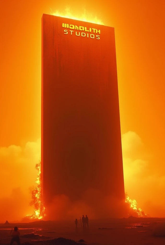 The Word Monolith With A Color Of Orange And A Blank Background With A Mixture Of Orange And Yellow And The Word Studios With A Color Of White Under Monolith And Some Fire On The Sides