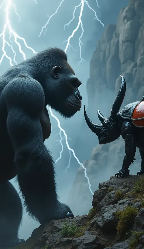 Scene Prompt: Gorilla and Rhinoceros Beetle Facing Each Other

"A mighty silverback gorilla stands firm on a crumbling mountainside, its muscular chest heaving with strength as its piercing, intelligent eyes lock onto an opponent. Across the jagged, rocky ...