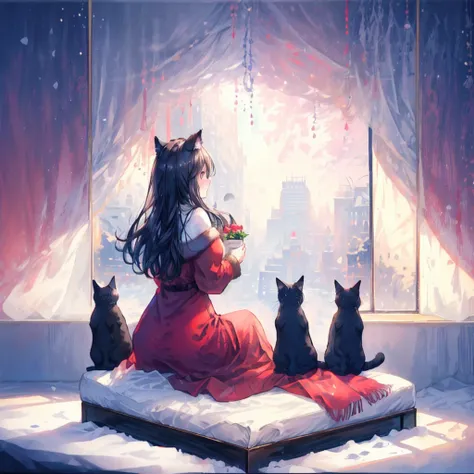 1 Female：((Cat ears,　 Santa Claus red costume ， Santa Claus Red Hat,　Sitting on a round chair with a round back))　((A black cat on a womans lap  )), background：( snow is piled up on a traditional European building seen from the window of her room, Snowy Ni...