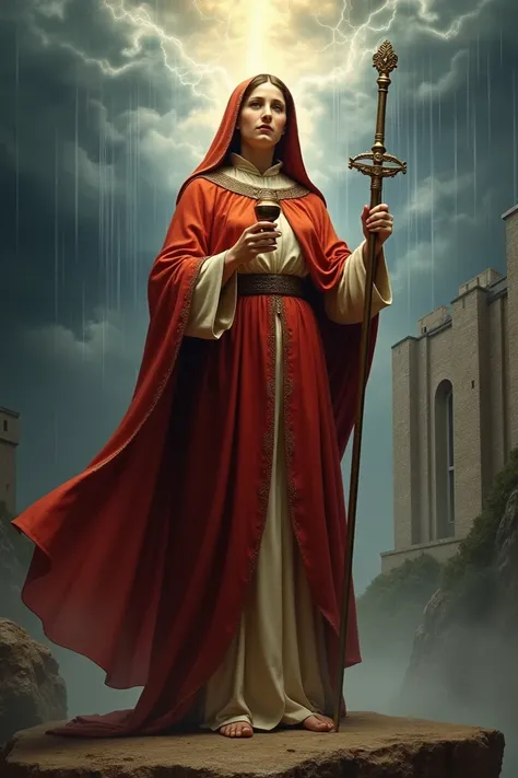 An image of Blessed Saint Barbara , who has a red cape ,  a chalice in his right hand and an unbrandished sword in his left hand ,   that is in the background lightning and rays with a light drizzle and a castle with three vertical windows on his side 