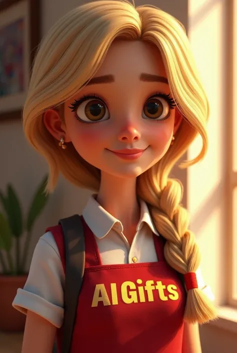  pixar-inspired 3d poster capturing a scene with a 19-year-old woman,Brown one , 56 tall hair with braid box brainds blonde hair color,  brown eyes, The clothes and a uniform written AlGifts ,  nose ring piercing , 