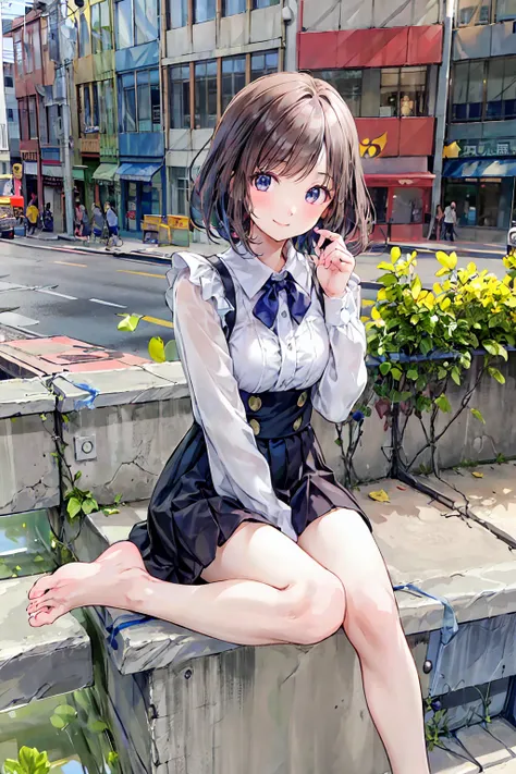  1 girl、uniform、 white shirt、 Pink Ribbon 、 dark blue check skirt 、frills、 beautiful legs、 black hair 、 short bob 、 bob cut 、 see-through、 punch、smile、Big Breasts、 small eyes 、barefoot、barefoot、piece、baby face、masterpiece、 Max Image、8k,Brown Hair， shortcut...