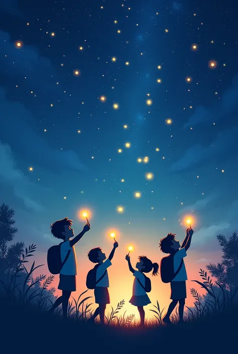  Draw class logo with class name “A11-K24” Starry sky natural science specialist ,  students pick up fireflies as knowledge  , aspect ratio 1 :1 