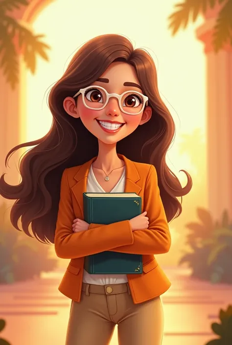 Create Pixar cartoon-style cartoon of a smiling woman,  Long brown hair , brown eyes eye glass with white iron frame,  beige pants ,  white blouse and orange blazer , Embraced in the Bible .