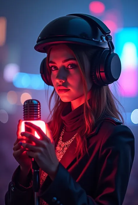 A pretty girl with wearing a helmet  ,  listening to music and holding a glowing microphone 