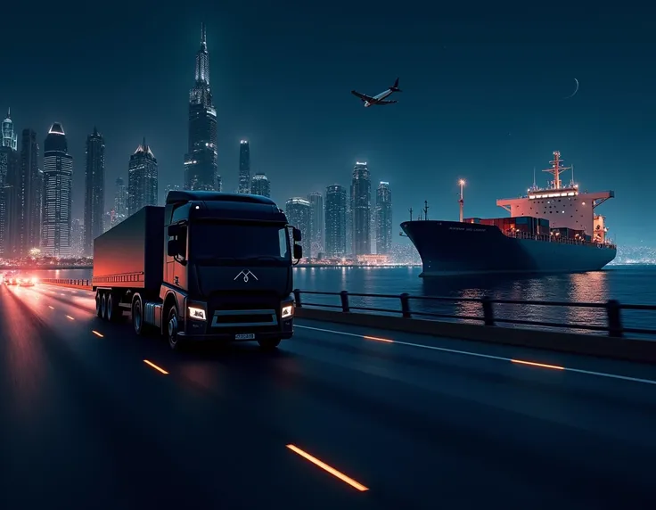 Create a stunning high-quality 3D digital artwork featuring a black truck driving on a modern road with Dubais skyline visible in the background at night. Include a large cargo ship sailing nearby in a dark blue sea to the right of the road and an airplane...