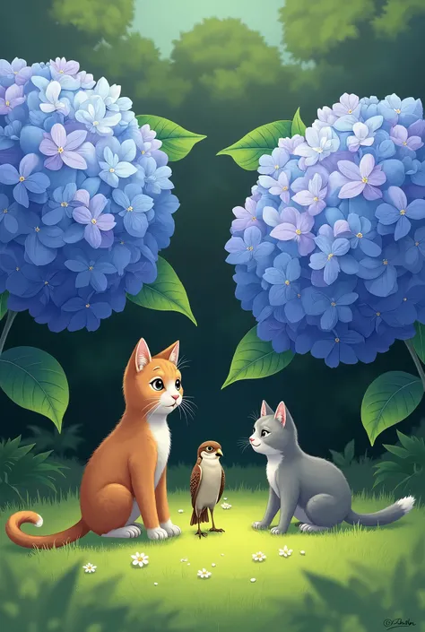 A cat and a gray friend met a small kestrel ,  bird on a green lawn near the forest and huge hydrangea flowers