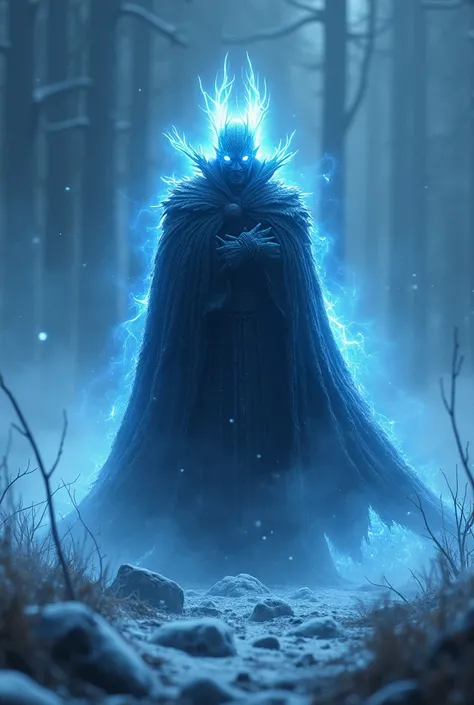  The Night King emerges amidst an icy mist ,  with its dark mantle floating in the wind .  His eyes shine with an intense blue ,  as he reaches out and generates a wave of icy energy that freezes the surrounding field.  The ground is covered with broken ic...