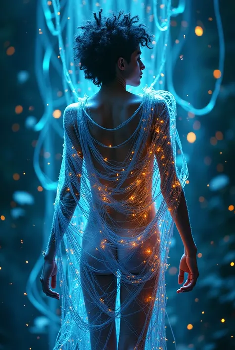 A 16-year-old naked nepali punk boy, colloured dyed-heir punk-style , standing  entangled in a ethereal bioluminescent magic-net that IS floating in the Air UP around him. Fantasy, dream-like style.  Artístic nude,  realistic, dancing
