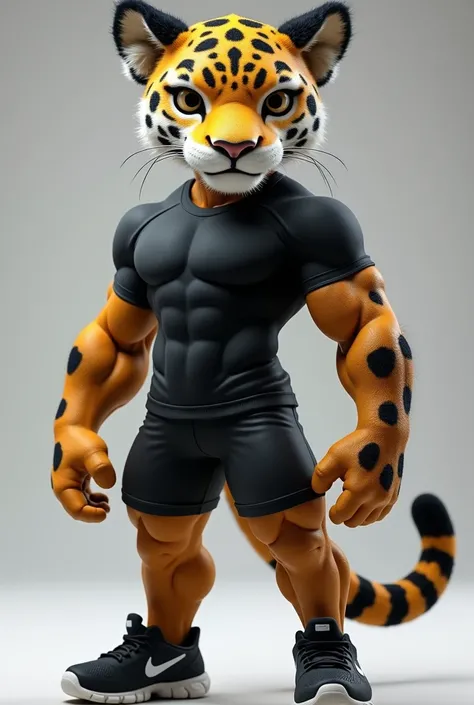  I want to create a 3D mascot of an ultra realistic jaguars from the front, I want her muscular with a black dry fit shirt and black shorts  