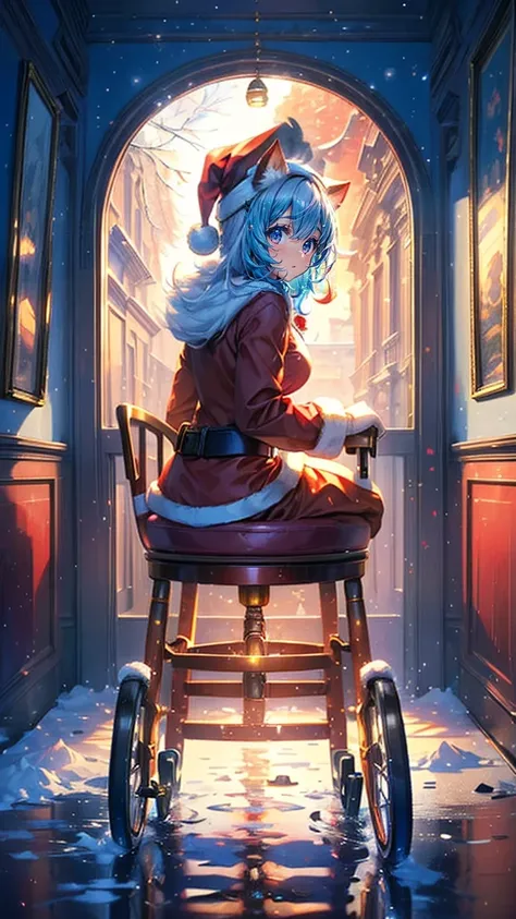 1 Female：((Cat ears,　 Santa Claus red costume ， Santa Claus Red Hat,　Sitting on a round chair with a round back))　(( woman sitting on a round wheel chair )), background：( snow is piled up on a traditional European building seen from the window of her room,...