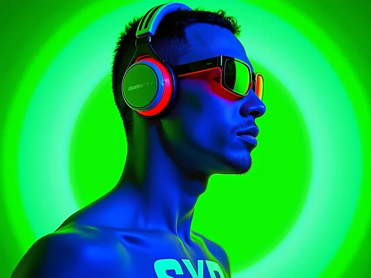 It is a captivating, futuristic portrait of a man with a mesmerizing side profile, with the words “SXR” emblazoned across his body. The subject is bathed primarily in electric blue and neon red hues, wearing angular, reflective sunglasses with green lenses...