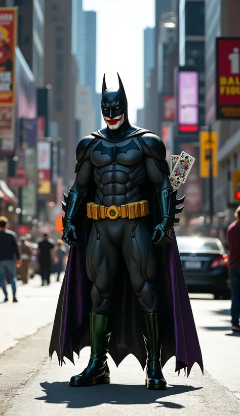 A striking figure, a perfect blend of Batman and Joker, stands in the middle of a busy city street under the bright sunlight. His body is covered in Batmans signature matte black armor, complete with sharp details on the shoulders, arms, and bat symbol on ...